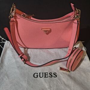 Guess Coral Pink Saffiano Shoulder Bag with Coin Pouch